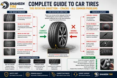 Educational infographic showing tire rotation direction, common tire wear patterns, sidewall cracks, tire bulges, tread damage, and essential tire maintenance tips.